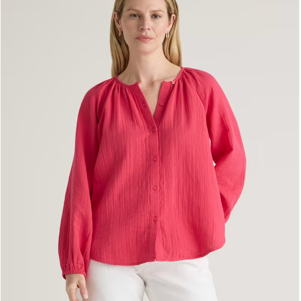 NWT Quince Women's Organic Cotton Gauze Peasant Top Fuschia Pink Size Medium